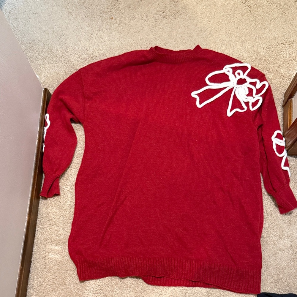 Red Sweater with White Bow Accents